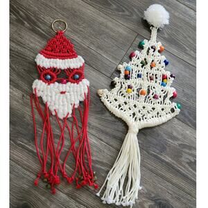 Handmade Macrame Santa & Christmas Tree‎ Wall Hangings Wood Beads Lot of TWO